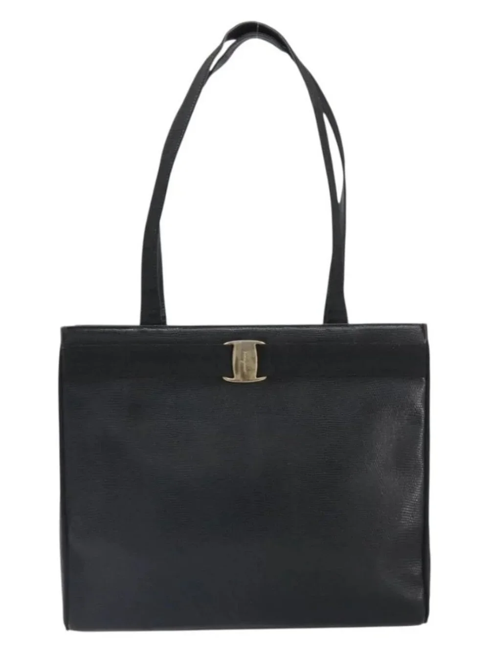 Salvatore Ferragamo Tote Bag Leather Black Gold Auth SW1922